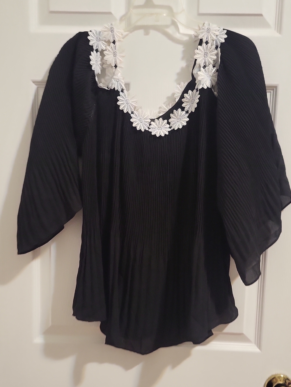 INC International Concepts Black Pleated Tunic with White Floral Trim